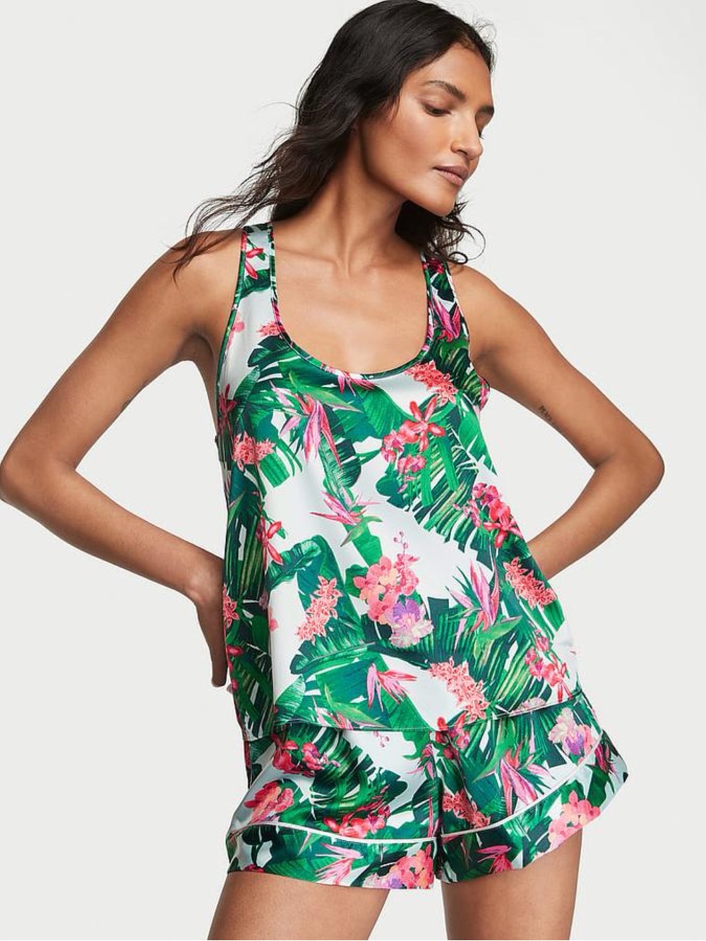 Victorias Secret Floral Tropical Racerback Satin Sleep Set